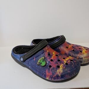 CROCS Galaxy Print Slip-On Clogs in Purple, Orange, Yellow